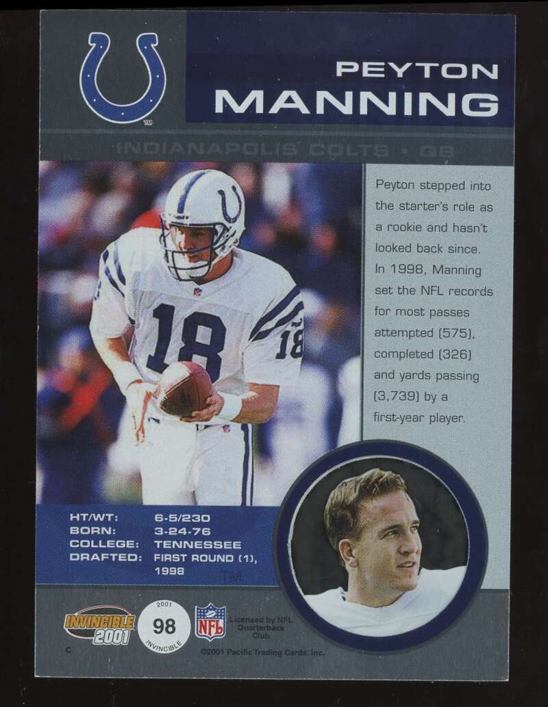 Load image into Gallery viewer, 2001 Pacific Invincible Peyton Manning #98 Indianapolis Colts /1000 Image 2
