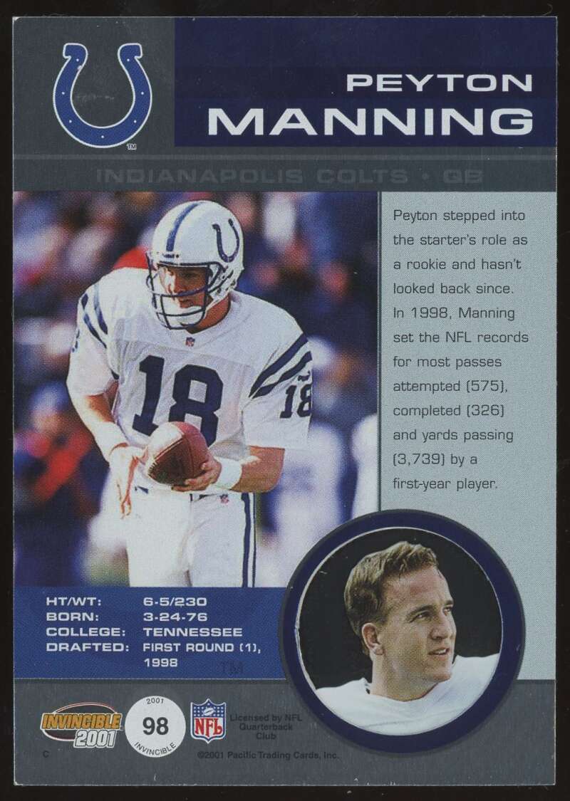 Load image into Gallery viewer, 2001 Pacific Invincible Peyton Manning #98 SP /1000 Indianapolis Colts  Image 2
