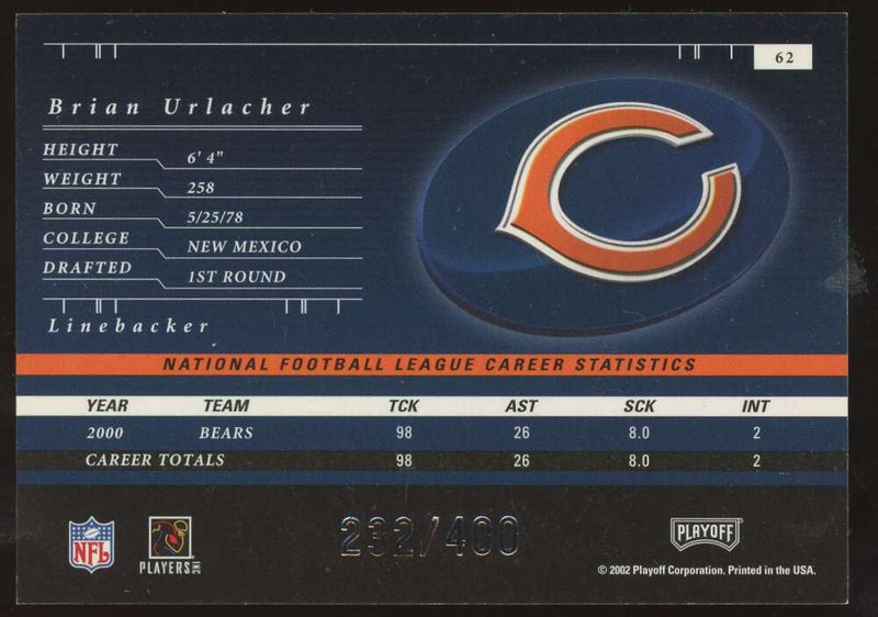 Load image into Gallery viewer, 2001 Playoff Preferred National Treasures Silver Brian Urlacher #62 SP /400 Chicago Bears  Image 2
