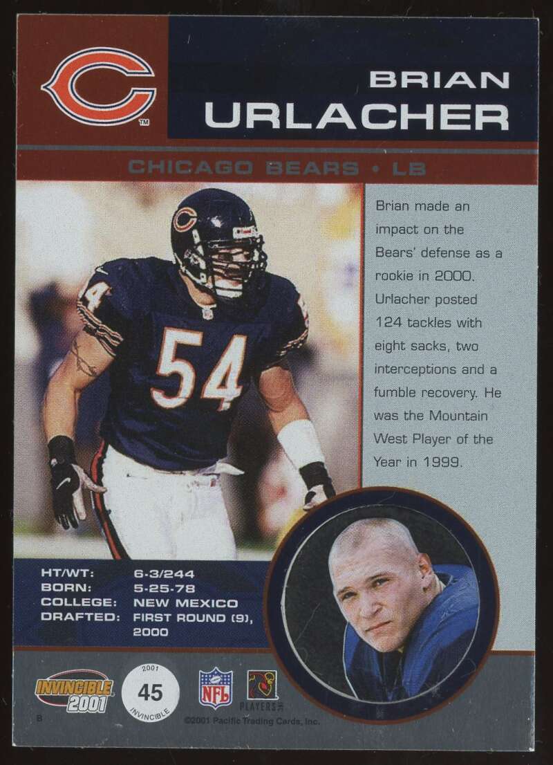 Load image into Gallery viewer, 2001 Pacific Invincible Blue Brian Urlacher #45 SP /250 Chicago Bears  Image 2
