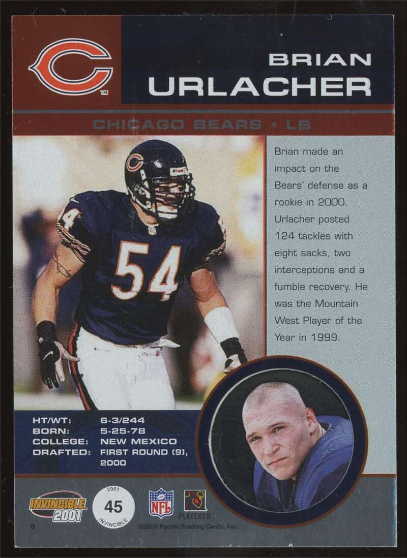 Load image into Gallery viewer, 2001 Pacific Invincible Blue Brian Urlacher #45 SP /250 Chicago Bears  Image 2
