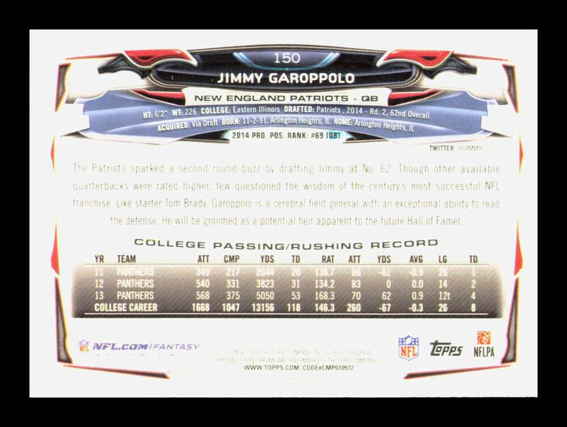 Load image into Gallery viewer, 2014 Topps Chrome Jimmy Garoppolo #150 Rookie RC New England Patriots  Image 2
