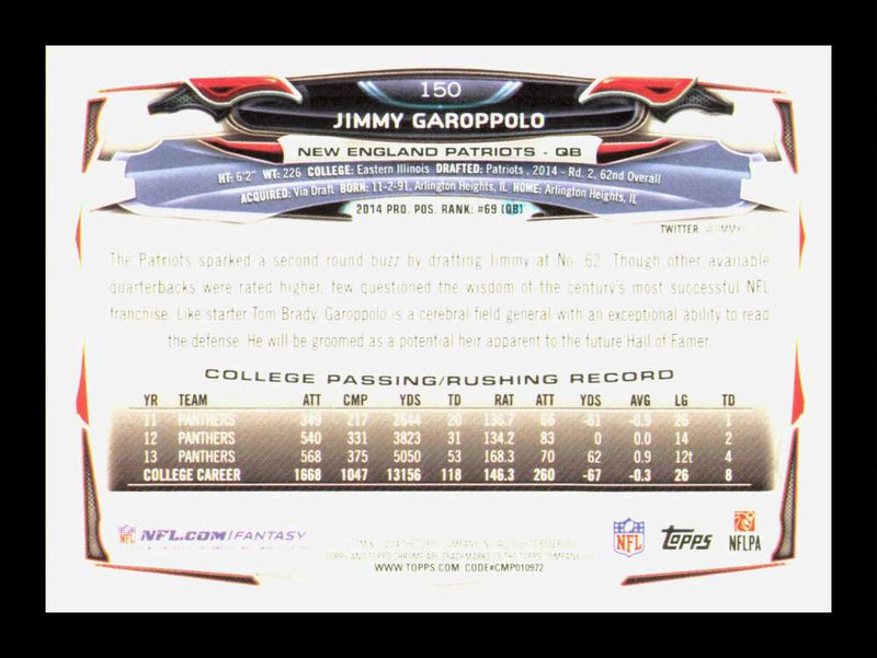 Load image into Gallery viewer, 2014 Topps Chrome Jimmy Garoppolo #150 Rookie RC New England Patriots  Image 2
