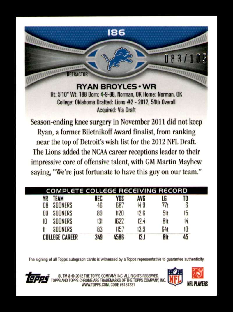 Load image into Gallery viewer, 2012 Topps Chrome Military Refractor Auto Ryan Broyles #186 Rookie RC /105 Detroit Lions  Image 2
