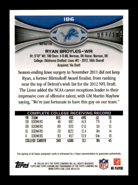 2012 Topps Chrome Military Refractor Auto Ryan Broyles 