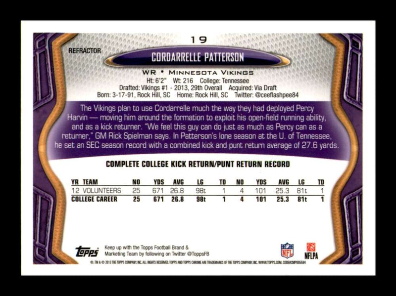 Load image into Gallery viewer, 2013 Topps Chrome X-Fractor Cordarrelle Patterson #19 Rookie RC Minnesota Vikings  Image 2
