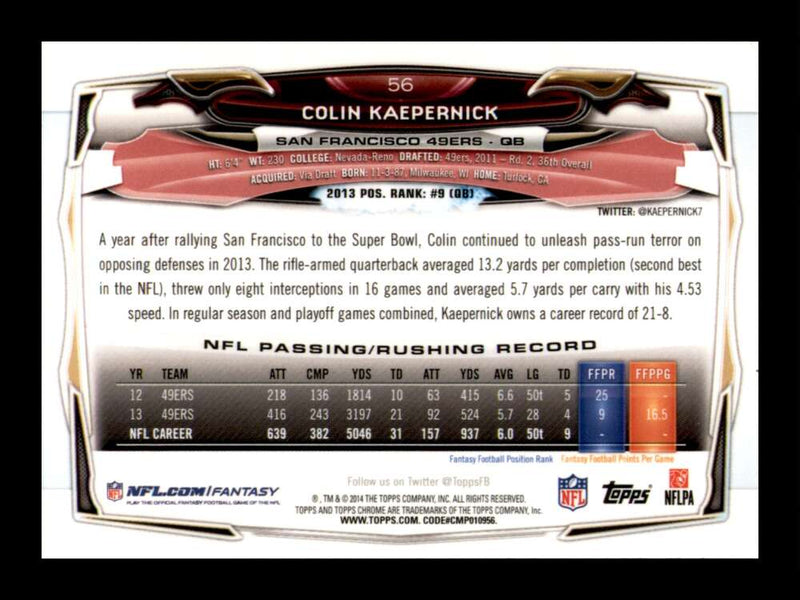 Load image into Gallery viewer, 2014 Topps Chrome Orange Refractor Colin Kaepernick #56 San Francisco 49ers  Image 2
