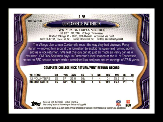 2013 Topps Chrome Orange Refractor Cordarrelle Patterson 