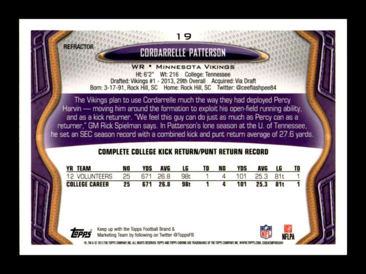 2013 Topps Chrome Orange Refractor Cordarrelle Patterson