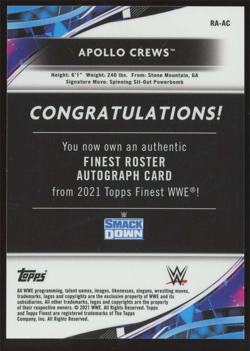 Load image into Gallery viewer, 2021 Topps Finest WWE Green Refractor Auto Apollo Crews #RA-AC Autograph /99  Image 2
