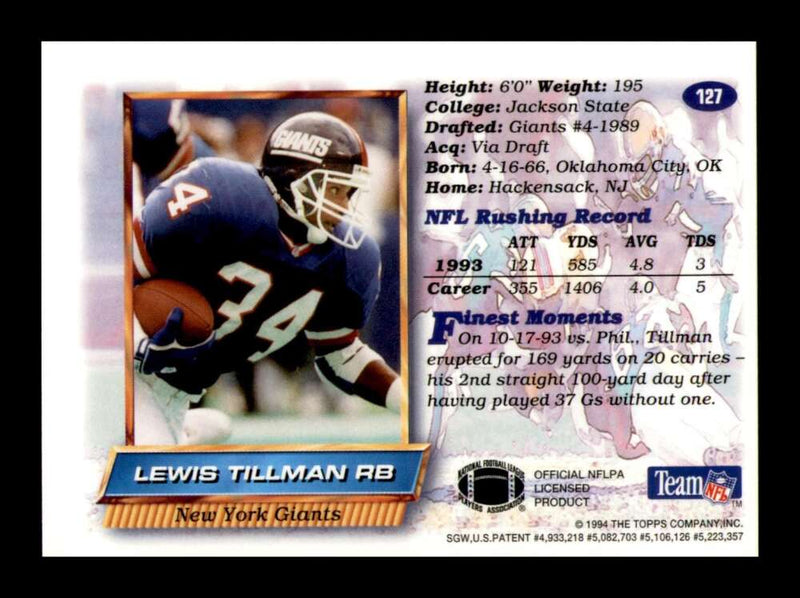 Load image into Gallery viewer, 1994 Topps Finest Refractor Lewis Tillman #127 New York Giants  Image 2
