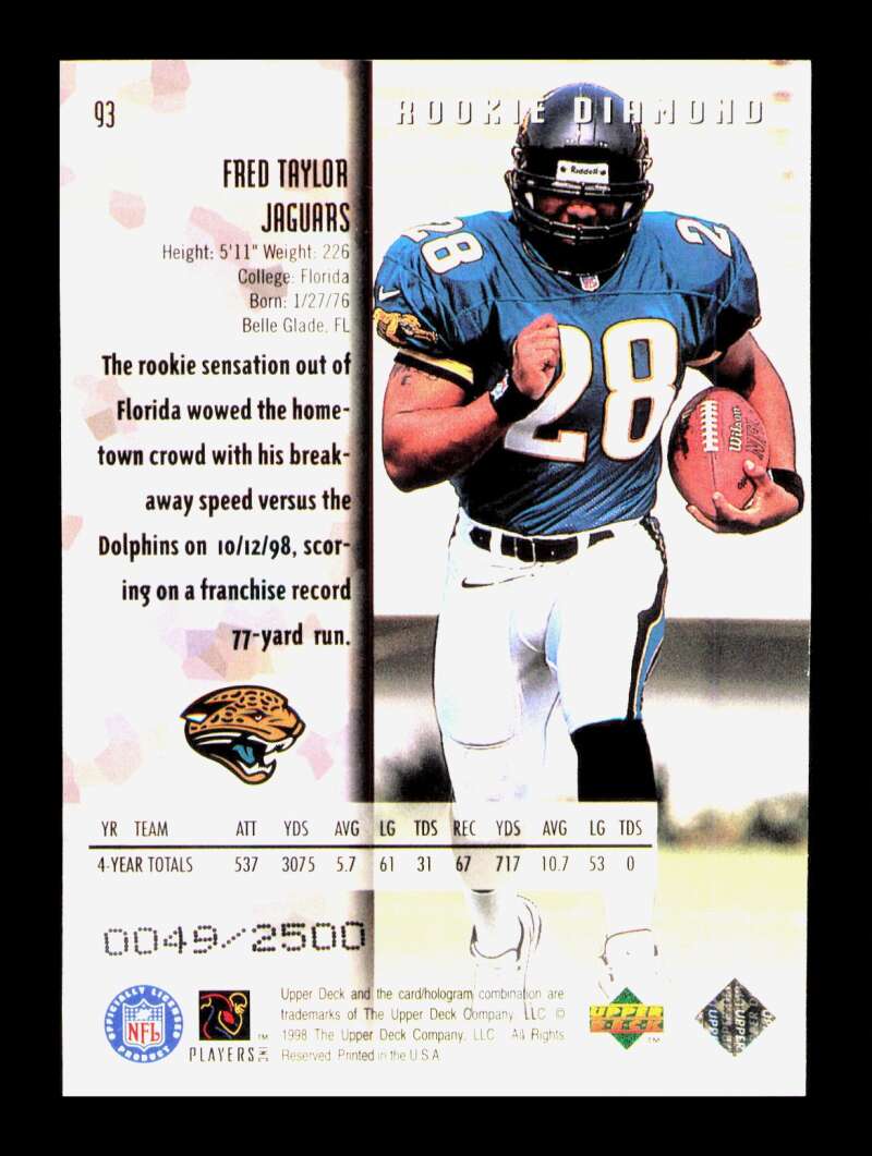 Load image into Gallery viewer, 1998 Upper Deck Black Diamond Rookie Diamond Double Fred Taylor #93 Rookie RC /2500 Jacksonville Jaguars  Image 2
