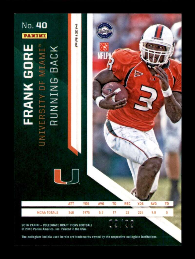 Load image into Gallery viewer, 2016 Panini Prizm Draft Purple Flash Prizm Frank Gore #40 SP /99 Miami Hurricanes  Image 2
