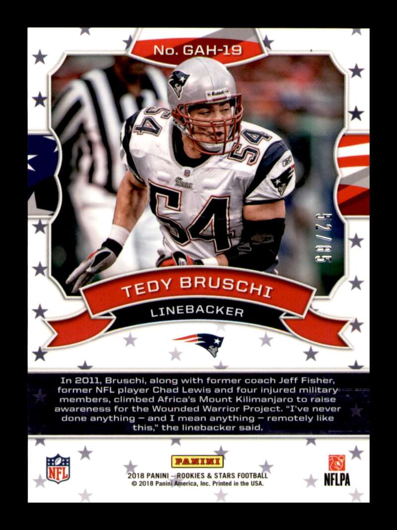 Load image into Gallery viewer, 2018 Panini Rookies Stars Great American Heroes Pink Tedy Bruschi #GAH-19 SP /85 New England Patriots  Image 2
