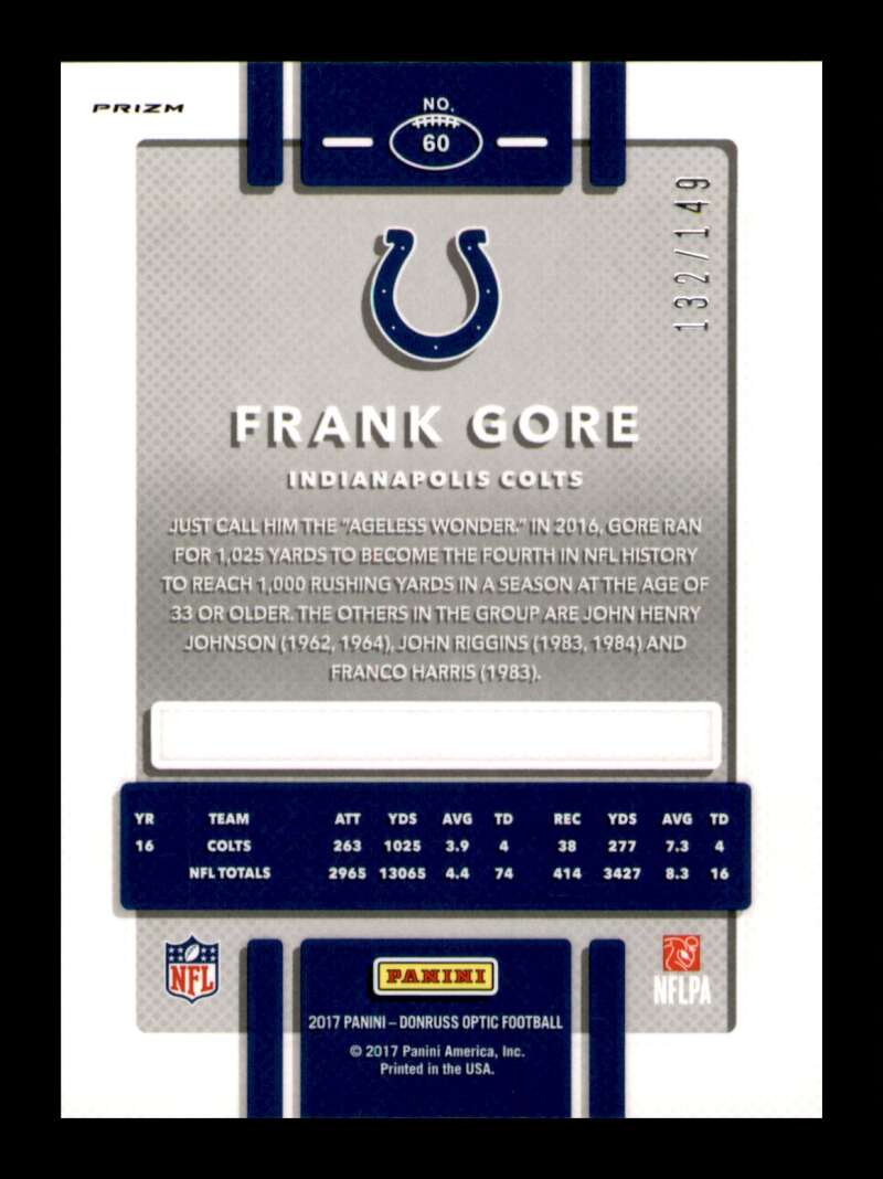 Load image into Gallery viewer, 2017 Donruss Optic Blue Prizm Frank Gore #60 SP /149 Indianapolis Colts  Image 2
