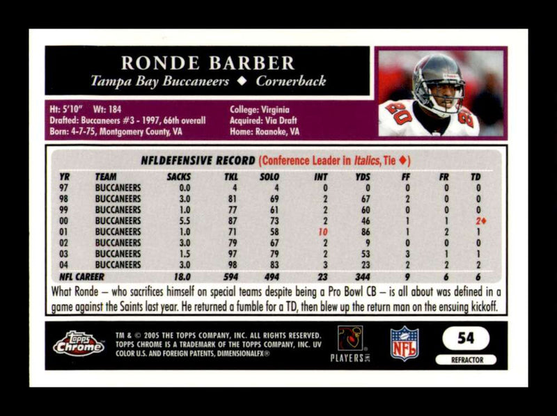 Load image into Gallery viewer, 2005 Topps Chrome Refractor Ronde Barber #54 Tampa Bay Buccaneers  Image 2
