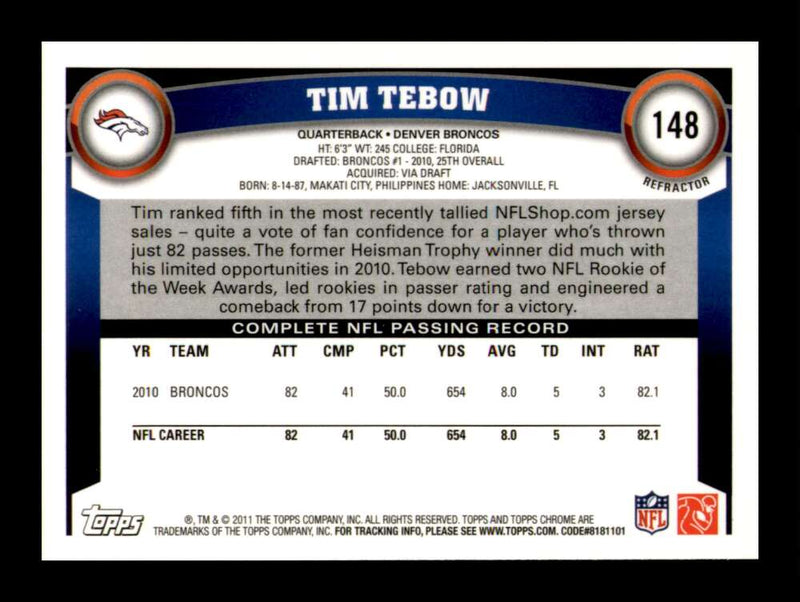 Load image into Gallery viewer, 2011 Topps Chrome X-Fractor Tim Tebow #148 Denver Broncos  Image 2
