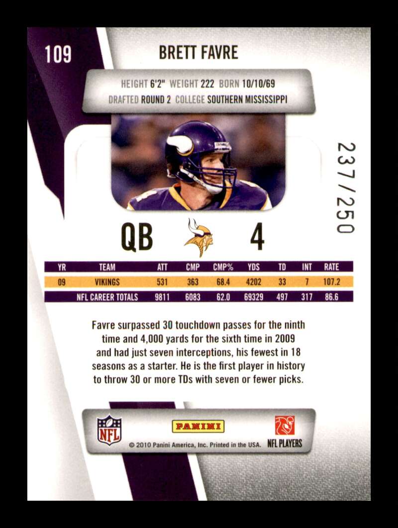 Load image into Gallery viewer, 2010 Panini Prestige Xtra Points Gold Brett Favre #109 SP /250 Minnesota Vikings  Image 2
