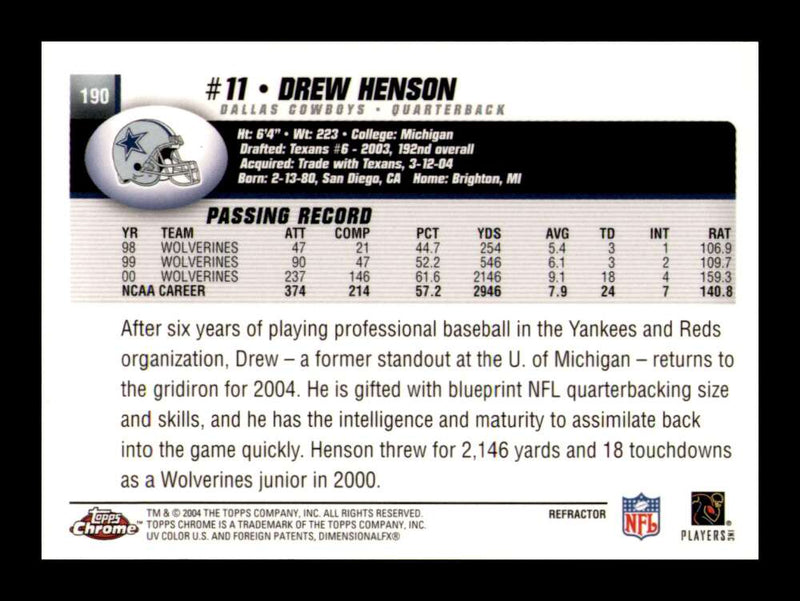 Load image into Gallery viewer, 2004 Topps Chrome Refractor Drew Henson #190 Rookie RC Dallas Cowboys  Image 2
