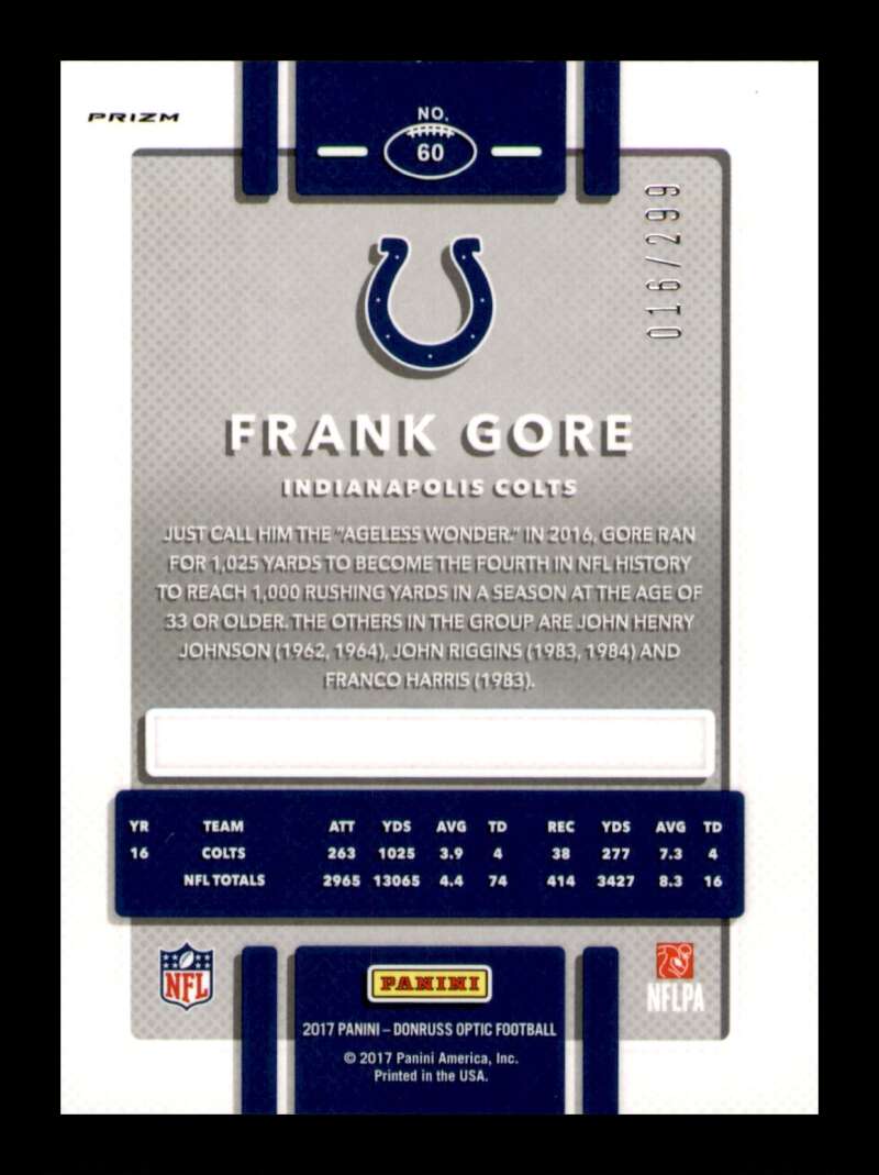 Load image into Gallery viewer, 2017 Donruss Optic Aqua Prizm Frank Gore #60 SP /299 Indianapolis Colts  Image 2
