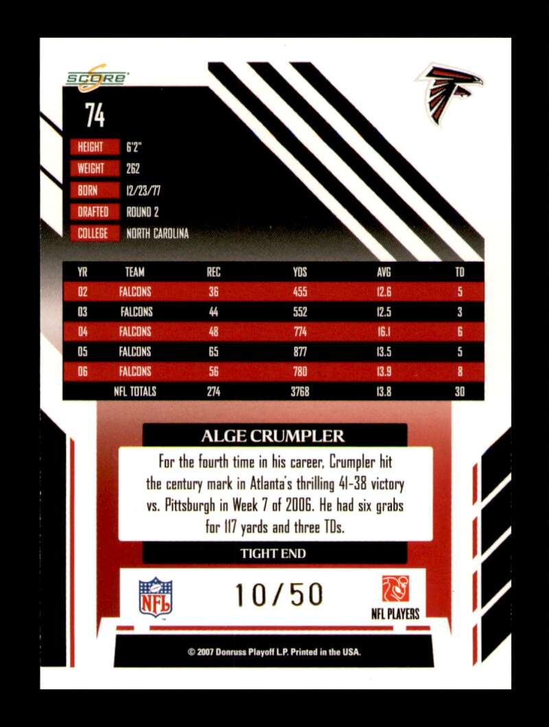 Load image into Gallery viewer, 2007 Score Select Gold Zone Alge Crumpler #74 SP /50 Atlanta Falcons  Image 2
