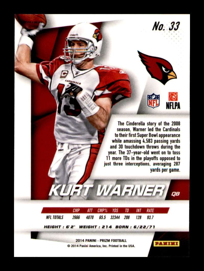 Load image into Gallery viewer, 2014 Panini Prizm Purple Prizm Kurt Warner #33 Arizona Cardinals  Image 2
