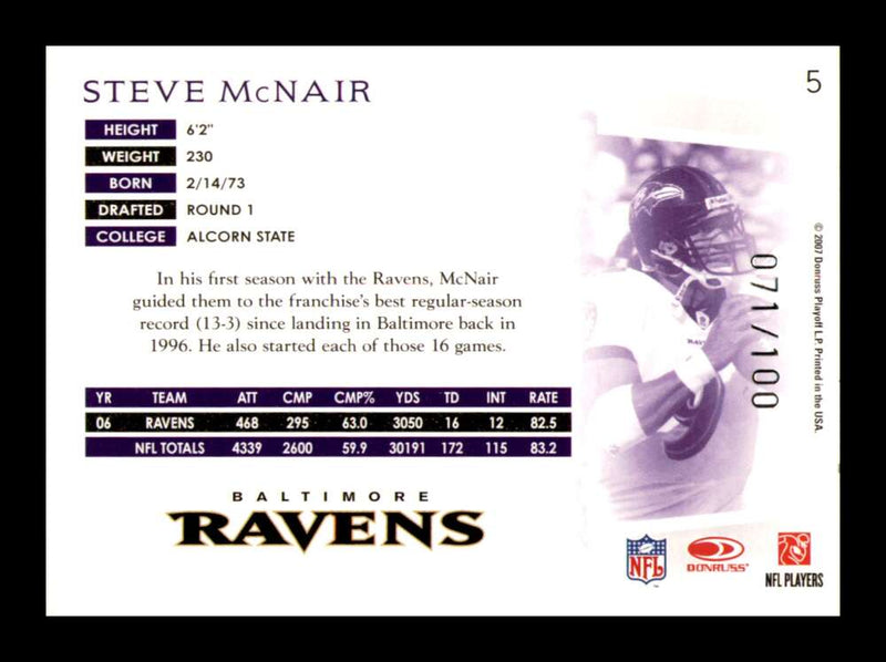 Load image into Gallery viewer, 2007 Donruss Threads Silver Holofoil Steve McNair #5 SP /100 Baltimore Ravens  Image 2
