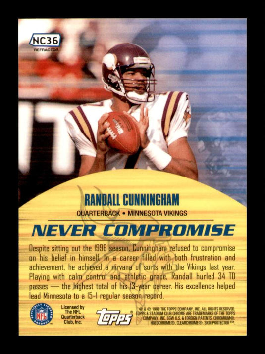 1999 Stadium Club Chrome Never Compromise Refractor Randall Cunningham