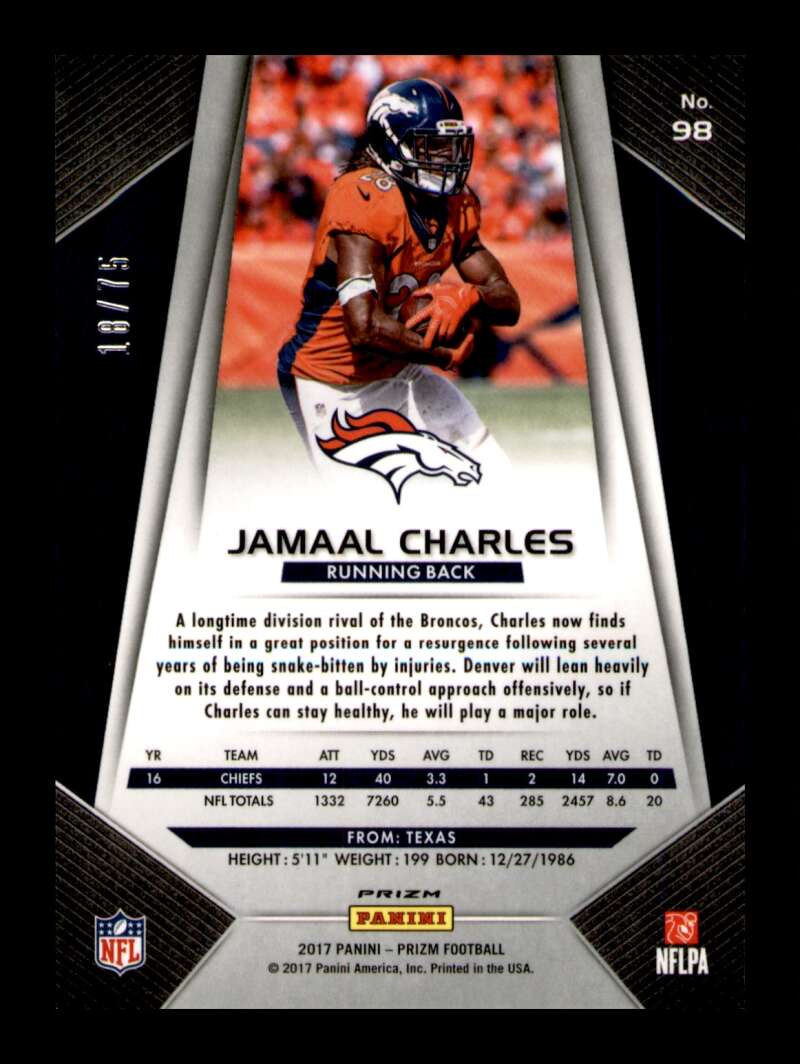 Load image into Gallery viewer, 2017 Panini Prizm Purple Crystals Prizm Jamaal Charles #98 SP /75 Denver Broncos  Image 2
