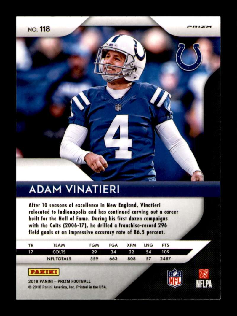 Load image into Gallery viewer, 2018 Panini Prizm Green Prizm Adam Vinatieri #118 Indianapolis Colts  Image 2
