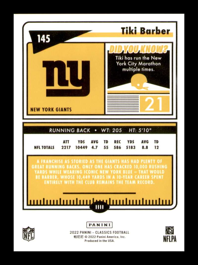 Load image into Gallery viewer, 2022 Panini Classics Timeless Tributes Gold Tiki Barber #145 SP /99 New York Giants  Image 2
