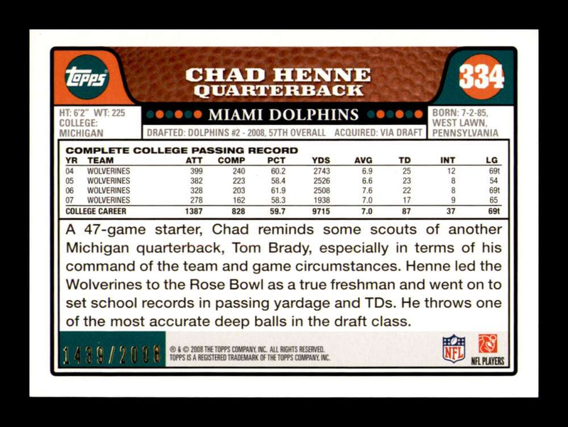 Load image into Gallery viewer, 2008 Topps Gold Chad Henne #334 Rookie RC /2008 Miami Dolphins  Image 2
