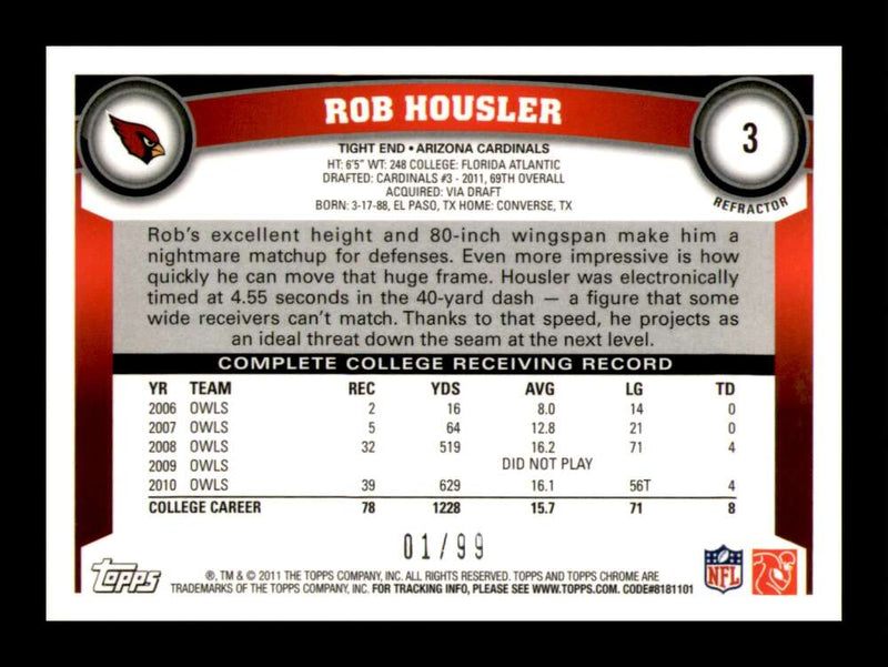 Load image into Gallery viewer, 2011 Topps Chrome Sepia Refractor Rob Housler #3 Arizona Cardinals Rookioe RC /99 Image 2
