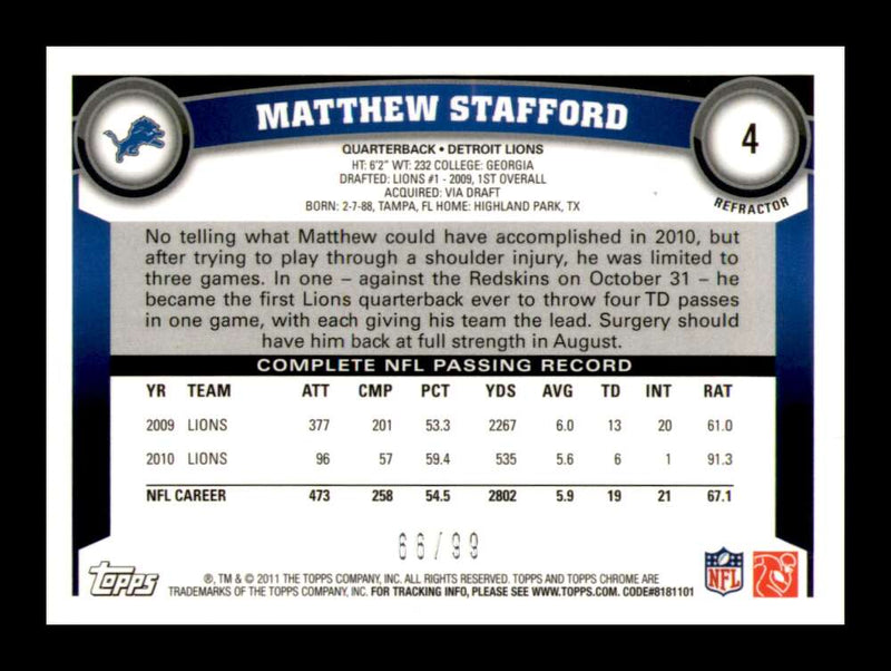 Load image into Gallery viewer, 2011 Topps Chrome Sepia Refractor Matthew Stafford #4 Detroit Lions Edge Indent Crease /99 Image 2
