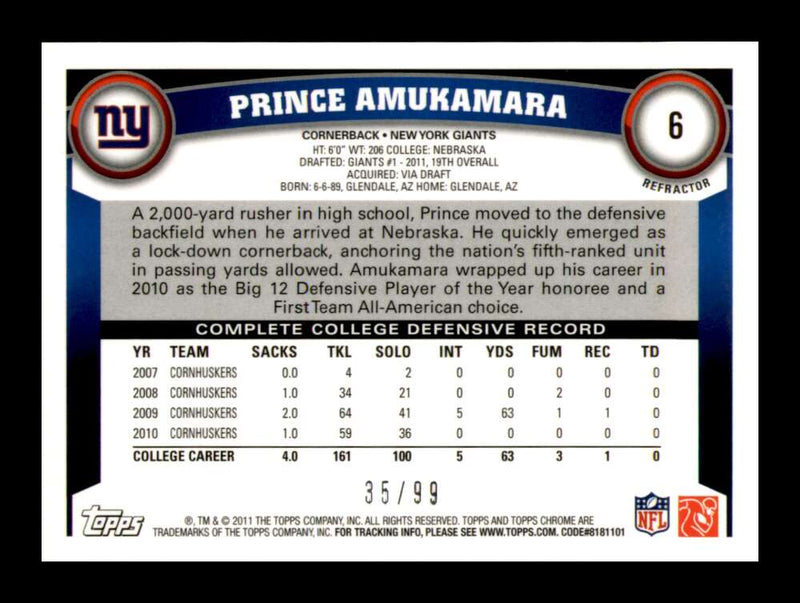 Load image into Gallery viewer, 2011 Topps Chrome Sepia Refractor Prince Amukamara #6 NY Giants /99 Image 2
