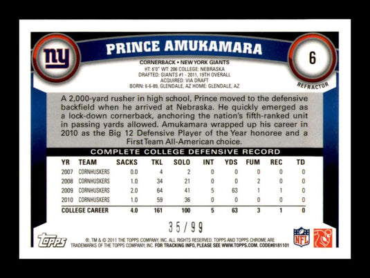 2011 Topps Chrome Sepia Refractor Prince Amukamara