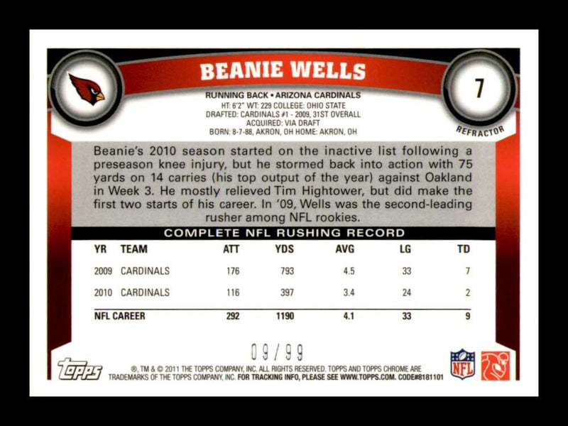 Load image into Gallery viewer, 2011 Topps Chrome Sepia Refractor Beanie Wells #7 Arizona Cardinals Edge Indent Crease /99 Image 2
