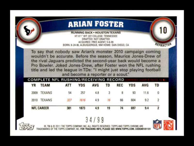 Load image into Gallery viewer, 2011 Topps Chrome Sepia Refractor Arian Foster #10 Houston Texans /99 Image 2
