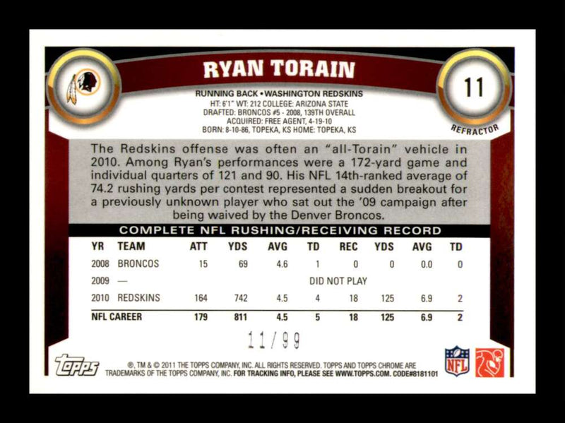 Load image into Gallery viewer, 2011 Topps Chrome Sepia Refractor Ryan Torain #11 Washington Redskins /99 Image 2
