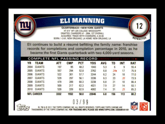 2011 Topps Chrome Sepia Refractor Eli Manning