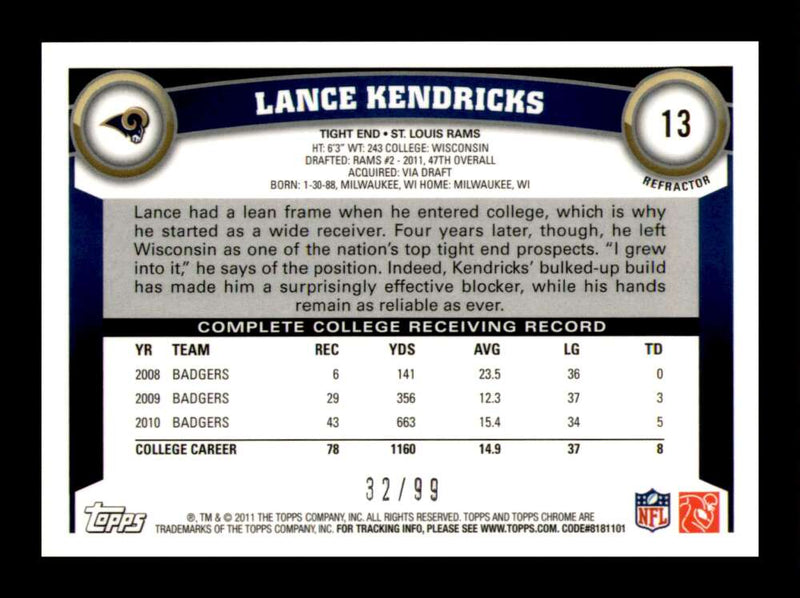 Load image into Gallery viewer, 2011 Topps Chrome Sepia Refractor Lance Kendricks #13 St. Louis Rams Rookie RC /99 Image 2
