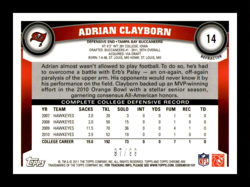 Load image into Gallery viewer, 2011 Topps Chrome Sepia Refractor Adrian Clayborn #14 Tampa Bay Buccaneers Rookie RC /99 Image 2
