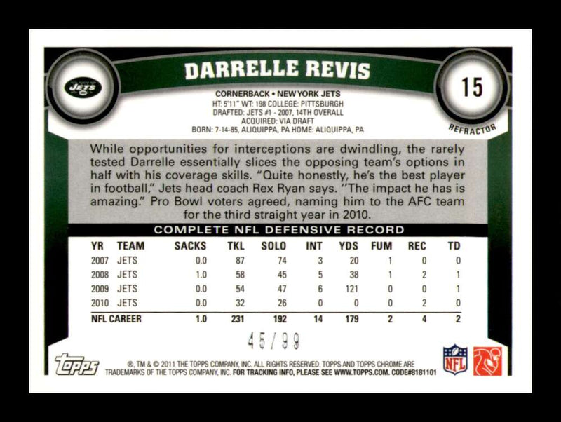 Load image into Gallery viewer, 2011 Topps Chrome Sepia Refractor Darrelle Revis #15 New York Jets /99 Image 2
