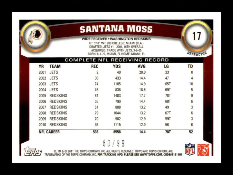 Load image into Gallery viewer, 2011 Topps Chrome Sepia Refractor Santana Moss #17 Washington Redskins /99 Image 2
