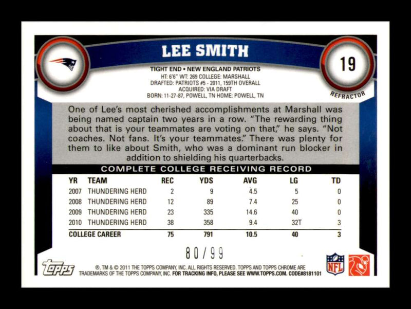 Load image into Gallery viewer, 2011 Topps Chrome Sepia Refractor Lee Smith #19 New England Patriots Rookie RC /99 Image 2
