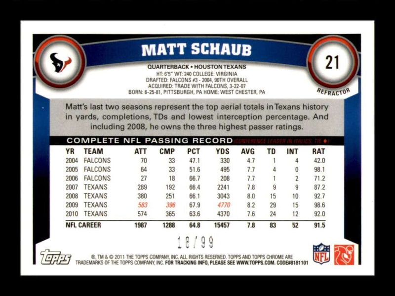 Load image into Gallery viewer, 2011 Topps Chrome Sepia Refractor Matt Schaub #21 Houston Texans /99 Image 2
