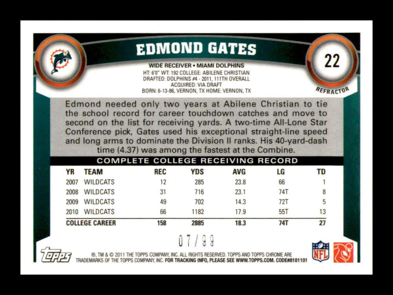 Load image into Gallery viewer, 2011 Topps Chrome Sepia Refractor Edmund Gates #22 Miami Dolphins Rookie RC /99 Image 2
