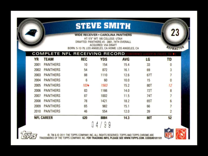 Load image into Gallery viewer, 2011 Topps Chrome Sepia Refractor Steve Smith #23 Carolina Panthers /99 Image 2
