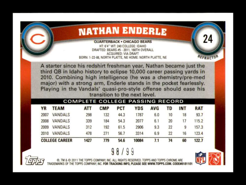 Load image into Gallery viewer, 2011 Topps Chrome Sepia Refractor Nathan Enderle #24 Chicago Bears Rookie RC /99 Image 2
