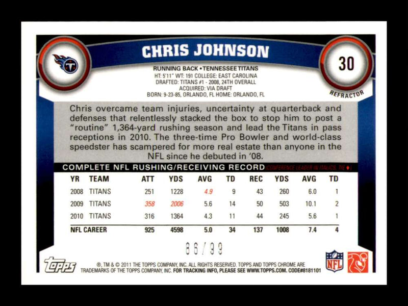 Load image into Gallery viewer, 2011 Topps Chrome Sepia Refractor Chris Johnson #30 Tennessee Titans /99 Image 2
